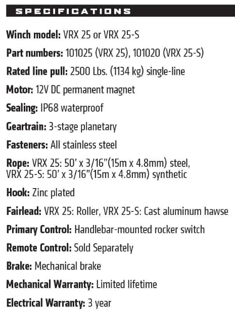 WARN VRX 2500LB (1100KG) 12V ATV WINCH WITH STEEL CABLE