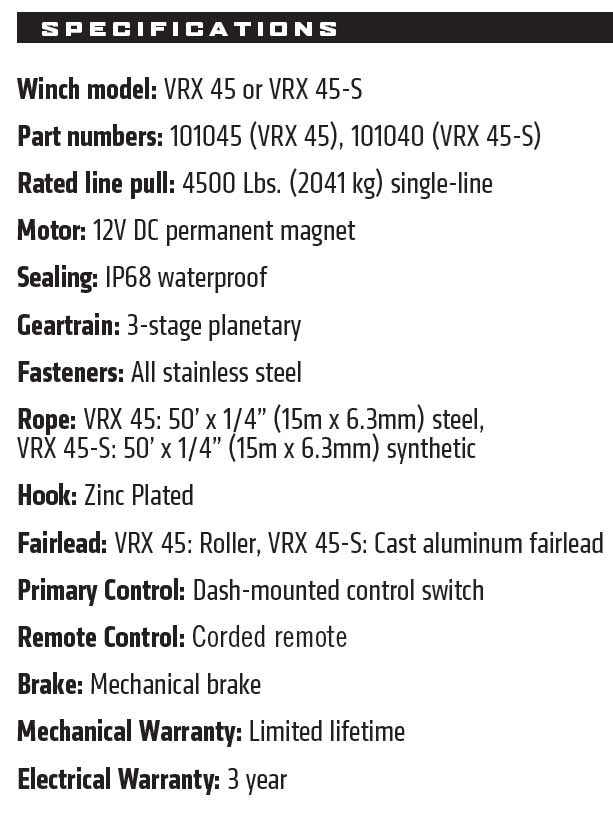 WARN VRX 4500LB (2040KG) 12V ATV WINCH WITH SYNTHETIC ROPE